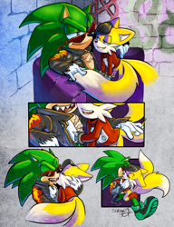 Size: 921x1200 | Tagged: suggestive, artist:zoomswish, miles (anti-mobius), scourge the hedgehog, fox, hedgehog, blue eyes, comic, gay, green fur, jacket, kiss, male, males only, scouriles, shipping, smiling, spiked bracelet, sunglasses, tongue out, yellow fur