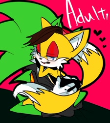 Size: 600x667 | Tagged: suggestive, artist:peachthehedgehog, miles (anti-mobius), scourge the hedgehog, blue eyes, butt grab, dress, gender swap, green fur, half r63 shipping, jacket, makeup, scouriles, shipping, straight, text, yellow fur