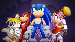 Size: 3840x2160 | Tagged: safe, artist:nowykowski, amy rose, knuckles the echidna, miles "tails" prower, sonic the hedgehog, sonic chronicles, abstract background, group, outline, piko piko hammer, wrench