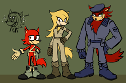 Size: 1604x1060 | Tagged: safe, artist:knockabiller, gadget the wolf, oc, wolf, boots, family, fan parent, father and son, glasses, gloves, headcanon, mother and son, red fur, yellow fur