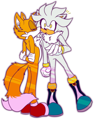 Size: 400x500 | Tagged: safe, artist:pemid, miles "tails" prower, silver the hedgehog, fox, hedgehog, boots, gay, kiss on cheek, male, males only, shipping, silvails, standing, yellow eyes, yellow fur