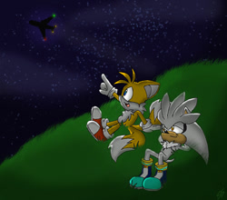 Size: 662x582 | Tagged: safe, artist:sonicsketch, miles "tails" prower, silver the hedgehog, fox, hedgehog, airplane, gay, shipping, silvails, smile