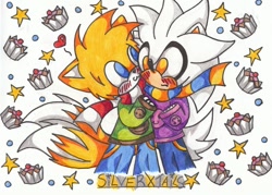 Size: 900x646 | Tagged: safe, artist:silverhedgie, miles "tails" prower, silver the hedgehog, fox, hedgehog, blushing, chibi, clothes, gay, male, males only, shipping, silvails, white fur, yellow fur