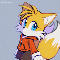 Size: 2035x2019 | Tagged: safe, ai art, artist:mobians.ai, miles "tails" prower, blushing, cute, english text, eyelashes, female, gender swap, hoodie, looking at viewer, mobius.social exclusive, prompter:taeko, simple background, skirt, solo, standing, tailabetes