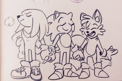 Size: 2592x1721 | Tagged: safe, artist:burning-ablaze, knuckles the echidna, miles "tails" prower, sonic the hedgehog, 2017, eyes closed, frown, holding hands, huffing, monochrome, mouth open, simple background, smile, standing, team sonic, traditional media, trio