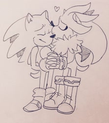 Size: 1936x2181 | Tagged: safe, artist:burning-ablaze, silver the hedgehog, sonic the hedgehog, couple, cute, duo, eyes closed, gay, heart, holding hands, kiss on head, neck fluff, shipping, silvabetes, simple background, sonabetes, sonilver, standing, traditional media