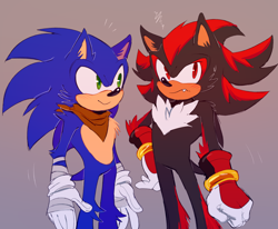 Size: 2048x1687 | Tagged: safe, artist:bongwater777, shadow the hedgehog, sonic the hedgehog, arm fluff, blushing, boom shadow, boom sonic, chest fluff, duo, duo male, ear fluff, frown, gradient background, hand on hip, looking at them, looking away, male, males only, one fang, shoulder fluff, smile, sonic boom (tv), standing