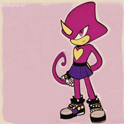 Size: 2048x2048 | Tagged: safe, ai art, artist:mobians.ai, espio the chameleon, alternate eye color, femboy, frown, hand on hip, looking at viewer, male, mobius.social exclusive, outline, pink background, purple eyes, simple background, skirt, solo, solo male, standing
