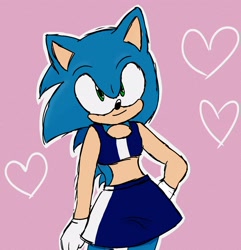 Size: 1978x2048 | Tagged: safe, artist:taeko, sonic the hedgehog, crop top, femboy, hand on hip, heart, looking at viewer, male, mobius.social exclusive, modern sonic, outline, pink background, sketch, skirt, smile, solo, solo male, standing