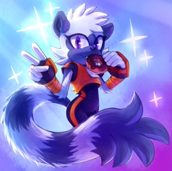 Size: 2048x2043 | Tagged: safe, artist:bongwater777, tangle the lemur, abstract background, donut, female, holding something, looking at viewer, one fang, smile, solo, sparkles, standing, v sign