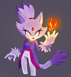Size: 1890x2048 | Tagged: safe, artist:bongwater777, blaze the cat, ear fluff, female, fire, flame, frown, grey background, looking ahead, simple background, solo, solo female, standing