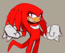 Size: 1821x1491 | Tagged: safe, artist:bongwater777, knuckles the echidna, arm fluff, beige background, blushing, clenched fists, clenched teeth, leg fluff, looking at viewer, male, sharp teeth, simple background, smile, solo, solo male, standing