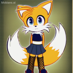 Size: 2048x2048 | Tagged: safe, ai art, artist:mobians.ai, miles "tails" prower, :3, abstract background, chest fluff, chibi, club outfit, crop top, femboy, fishnets, hands behind back, looking at viewer, male, mobius.social exclusive, outline, skirt, smile, sneakers, solo, solo male, standing