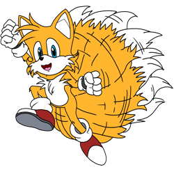 Size: 3072x3072 | Tagged: safe, artist:taeko, miles "tails" prower, alternate version, arm up, chest fluff, clenched fists, featured image, flat colors, flying, leg fluff, leg up, looking at viewer, one fang, posing, redraw, solo, sonic the hedgehog's buddy tails (issue 1), spinning tails