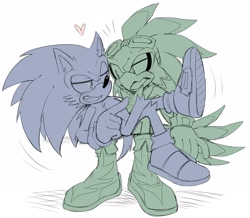 Size: 2048x1789 | Tagged: safe, artist:bongwater777, jet the hawk, sonic the hedgehog, blushing, carrying them, clenched teeth, duo, duo male, gay, heart, lidded eyes, male, males only, mouth open, pointing, shipping, sitting, smile, sonic riders, sonjet