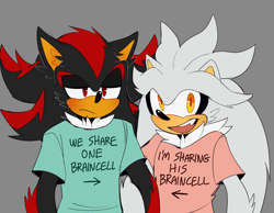 Size: 1736x1346 | Tagged: safe, artist:bongwater777, shadow the hedgehog, silver the hedgehog, arm fluff, blushing, chest fluff, duo, duo male, frown, grey background, lidded eyes, linking arms, looking at viewer, male, males only, messy fur, mouth open, neck fluff, one fang, shirt, simple background, smile, standing