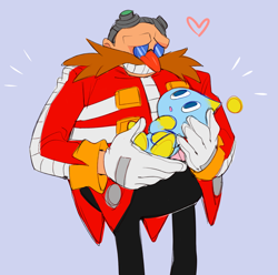 Size: 2007x1989 | Tagged: safe, artist:bongwater777, robotnik, chao, carrying them, clenched teeth, duo, heart, holding them, looking at each other, mouth open, neutral chao, purple background, simple background, smile, standing