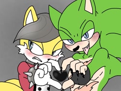 Size: 680x512 | Tagged: safe, artist:aquafina, miles (anti-mobius), scourge the hedgehog, fox, hedgehog, 2019, base used, blushing, clenched teeth, gay, green fur, grey background, heart, heart hands, lidded eyes, looking at viewer, looking away, missing accessory, nails, scouriles, shipping, simple background, standing, tongue out, yellow fur