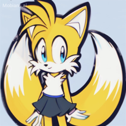 Size: 512x512 | Tagged: safe, ai art, artist:mobians.ai, miles "tails" prower, blue background, femboy, looking offscreen, male, mobius.social exclusive, simple background, skirt, smile, solo, solo male, standing
