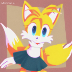 Size: 512x512 | Tagged: safe, ai art, artist:mobians.ai, miles "tails" prower, abstract background, eyelashes, female, gender swap, mobius.social exclusive, shirt, skirt, smile, solo, solo female, standing