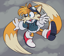 Size: 900x793 | Tagged: safe, artist:8xenon8, miles "tails" prower, 2015, abstract background, backpack, clouds, flying, goggles, jacket, looking offscreen, male, mouth open, solo, solo male, spinning tails