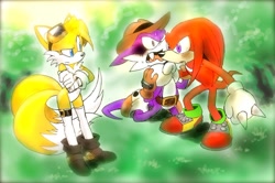 Size: 900x599 | Tagged: dead source, safe, artist:twisted-wind, knuckles the echidna, miles "tails" prower, nack the weasel, echidna, fox, weasel, blushing, female, gender swap, hat, male