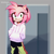 Size: 512x512 | Tagged: safe, ai art, artist:mobians.ai, amy rose, abstract background, eyelashes, female, hands in pocket, hoodie, looking at viewer, mobianified, mobius.social exclusive, pants, smile, solo, solo female, standing