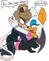 Size: 632x779 | Tagged: safe, artist:vsyevee, agent topaz, rouge the bat, bat, mouse, 2016, blushing, dialogue, duo, english text, handcuffs, kneeling, lesbian, lidded eyes, looking at each other, mobianified, mouth open, pink nose, police outfit, roupaz, scene parody, shipping, sitting, smile, sonic x, speech bubble
