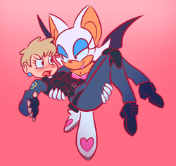 Size: 1208x1140 | Tagged: safe, artist:allie1723, agent topaz, rouge the bat, 2020, blushing, carrying them, duo, flying, gradient background, lesbian, lidded eyes, looking at each other, mouth open, roupaz, shipping, smile