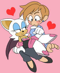 Size: 1057x1270 | Tagged: safe, artist:cherucat, agent topaz, rouge the bat, 2017, blushing, duo, embarrassed, flat colors, flirting, frown, heart, lesbian, pink background, rougabetes, roupaz, shipping, simple background, sitting, sitting on them, smile, sweatdrop, topazbetes