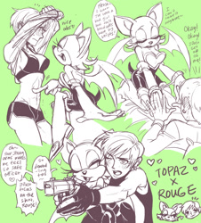 Size: 1280x1414 | Tagged: safe, artist:c2ndy2c1d, agent topaz, rouge the bat, blushing, bra, complimenting, dialogue, duo, embarrassed, english text, green background, gun, handcuffs, heart, lesbian, looking at each other, roupaz, shipping, shorts, simple background, sitting on them, smile, undressing