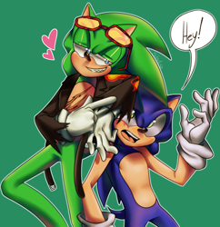 Size: 2320x2392 | Tagged: safe, artist:brendaattilio, scourge the hedgehog, sonic the hedgehog, 2021, clenched teeth, dialogue, duo, duo male, english text, flirting, gay, green background, heart, leaning on them, lidded eyes, looking at them, male, mouth open, outline, pointing, shipping, signature, simple background, smile, sonourge, speech bubble, standing