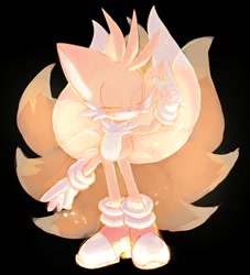 Size: 930x1024 | Tagged: safe, artist:usa37107692, miles "tails" prower, fox, black background, blushing, eyes closed, glowing, kitsune, simple background, smiling, solo, standing