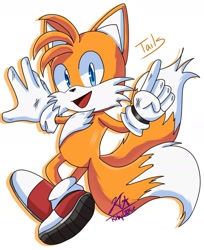 Size: 1482x1812 | Tagged: safe, artist:kirbyc00kie, miles "tails" prower, character name, english text, looking back at viewer, pointing, redraw, signature, simple background, smile, solo, sonic generations, white background