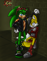 Size: 462x600 | Tagged: artist needed, source needed, safe, miles (anti-mobius), scourge the hedgehog, abstract background, arms folded, brick wall, duo, duo male, leaning back, licking lips, looking at viewer, male, tongue out