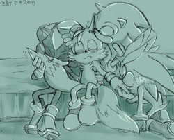 Size: 596x482 | Tagged: artist needed, safe, miles "tails" prower, shadow the hedgehog, silver the hedgehog, sonic the hedgehog, fox, hedgehog, bed, blushing, gay, japanese text, kiss on hand, kiss on head, kiss on tail, male, males only, shadails, silvails, sketch, sonic x tails