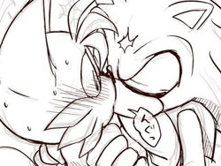 Size: 480x360 | Tagged: safe, artist:misuta710, miles "tails" prower, sonic the hedgehog, blushing, duo, eyes closed, gay, hands on another's shoulders, japanese text, kiss, looking at them, simple background, sketch, sonic x tails, speech bubble, surprised, sweatdrop, white background