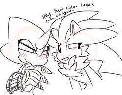 Size: 1125x877 | Tagged: artist needed, safe, espio the chameleon, silver the hedgehog, blushing, dialogue, duo, english text, flirting, gay, lidded eyes, looking at each other, male, shipping, silvio, simple background, sketch, standing, white background