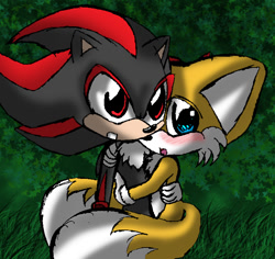 Size: 668x630 | Tagged: safe, artist:arcticcryptid, miles "tails" prower, shadow the hedgehog, 2009, abstract background, chibi, duo, gay, grass, holding each other, hugging, looking at viewer, outdoors, shadails, shipping, standing
