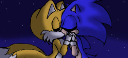 Size: 788x356 | Tagged: safe, artist:arcticcryptid, miles "tails" prower, sonic the hedgehog, 2009, abstract background, chibi, duo, eyes closed, gay, holding hands, kiss, nighttime, outdoors, shipping, sonic x tails, standing, star (sky)