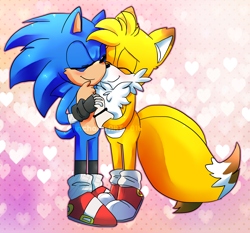 Size: 1500x1400 | Tagged: safe, artist:tairusuku, miles "tails" prower, sonic the hedgehog, 2016, abstract background, blushing, chest fluff, colored ears, colored tail, duo, eyes closed, gay, heart, holding hands, older, shipping, smile, sonic x tails, standing