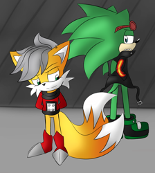Size: 836x934 | Tagged: safe, artist:vanvor, miles (anti-mobius), scourge the hedgehog, 2018, abstract background, duo, frown, hands behind back, lidded eyes, looking back, looking down, male, smile, standing