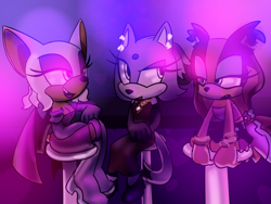 Size: 1000x750 | Tagged: safe, artist:metal-echidna, blaze the cat, rouge the bat, sticks the badger, abstract background, trio