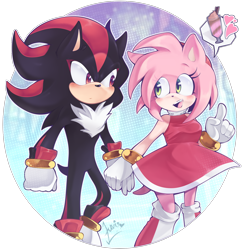 Size: 1572x1614 | Tagged: safe, artist:luvigamer, amy rose, shadow the hedgehog, 2021, blushing, duo, heart, holding hands, looking at each other, milkshake, semi-transparent background, shadamy, shipping, straight