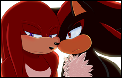 Size: 1441x928 | Tagged: safe, artist:fire-for-battle, knuckles the echidna, shadow the hedgehog, blushing, border, duo, frown, gay, knuxadow, looking at them, looking away, shipping, simple background, standing, white background