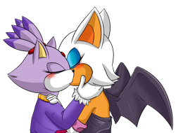 Size: 1200x910 | Tagged: safe, artist:fire-for-battle, blaze the cat, rouge the bat, 2017, blazouge, blushing, duo, eyes closed, holding each other, kiss, lesbian, shipping, simple background, speedpaint in description, transparent background