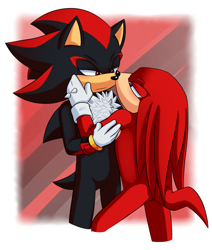 Size: 997x1177 | Tagged: safe, artist:fire-for-battle, knuckles the echidna, shadow the hedgehog, 2019, abstract background, duo, frown, gay, hands on another's face, knuxadow, lidded eyes, looking at each other, shipping, standing