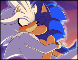 Size: 1300x1000 | Tagged: safe, artist:fire-for-battle, silver the hedgehog, sonic the hedgehog, 2019, abstract background, blushing, duo, eyes closed, flying, gay, holding each other, mid-air, psychokinesis, shipping, snuggling, sonilver, sunrise