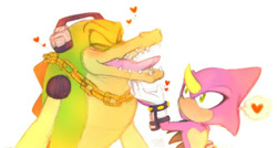 Size: 900x484 | Tagged: safe, artist:asb-fan, espio the chameleon, vector the crocodile, 2018, cute, duo, eyes closed, gay, heart, looking at them, shipping, simple background, vecpio, vectorbetes, white background