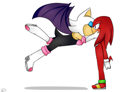 Size: 2589x1894 | Tagged: safe, artist:gottagoblast, knuckles the echidna, rouge the bat, 2016, blushing, duo, flying, hands on another's face, kiss, knuxouge, shadow (lighting), shipping, simple background, standing, straight, white background